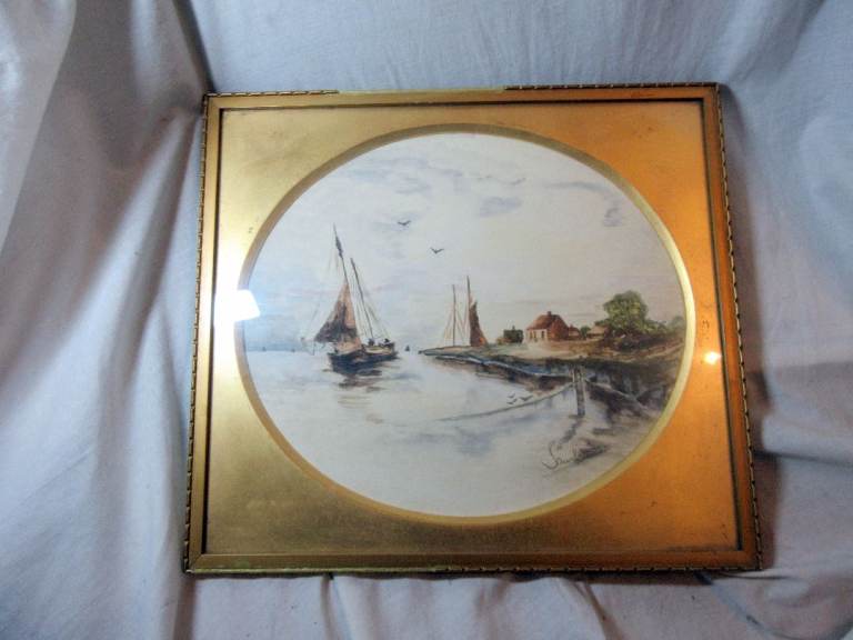 AN ANTIQUE WATERCOLOUR OF SAILING BOAT IN ESTURY SCENE