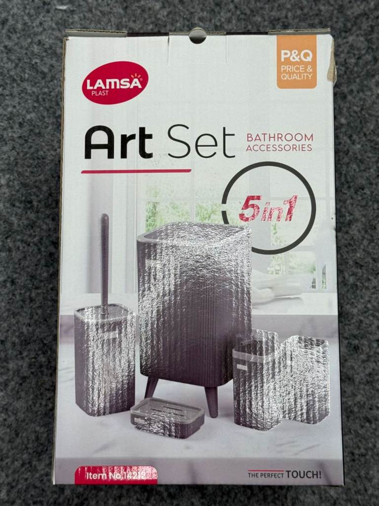 Art Set White & Grey Bathroom Accessories – 5-in-1 Modern Bathroom Set by LAMSA Plast