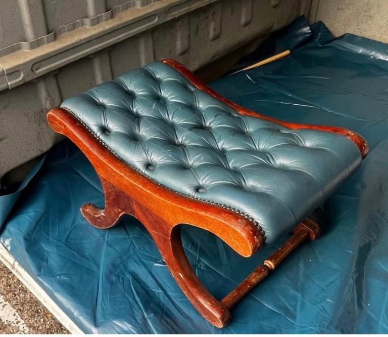 Vintage Blue Leather and Wood Footstool/Bench – Good Condition