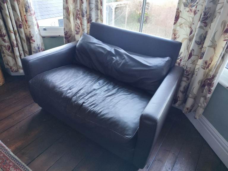 Small soft dark brown leather Habitat Chester sofa cuddle loveseat chair armchair