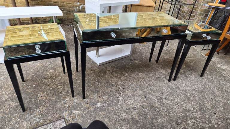 Mirrored Console Table with Two Matching Bedside Tables
