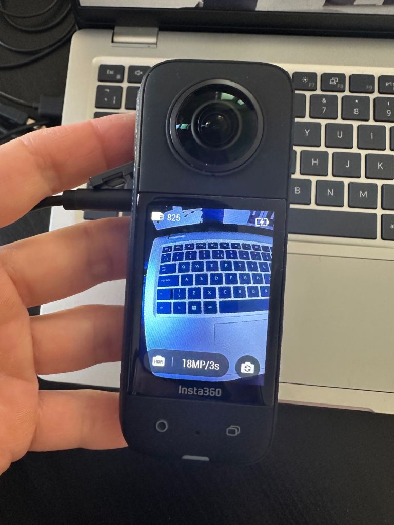 Insta 360 X3 camera, lens guards, hood, case and invisible stick. Boxed