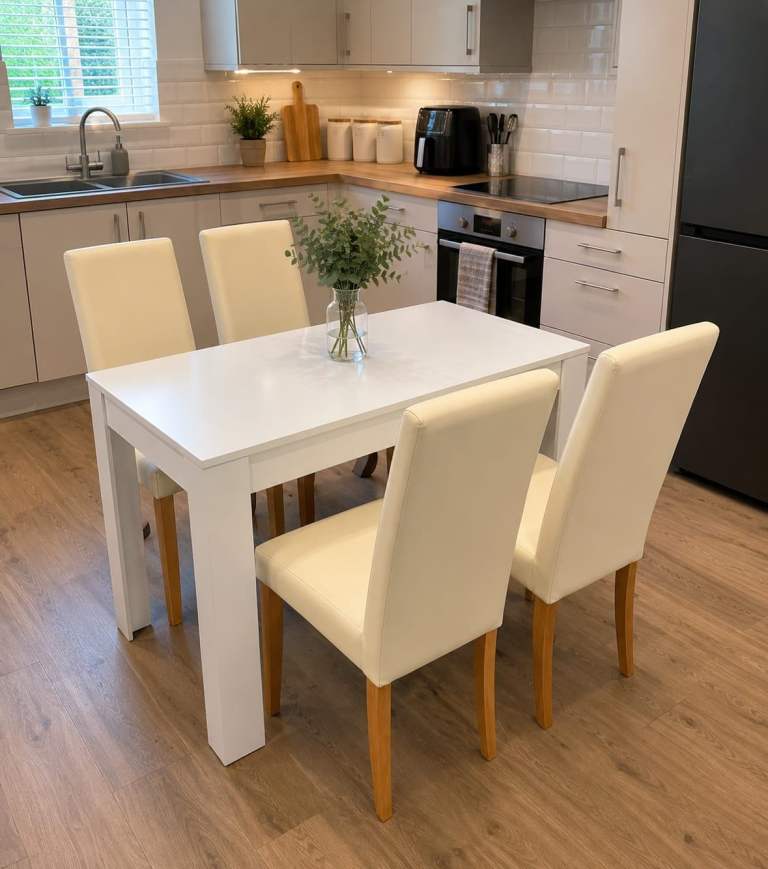 White Dining Table & 4 Faux Leather Chairs – Modern Dining Set – Excellent Condition