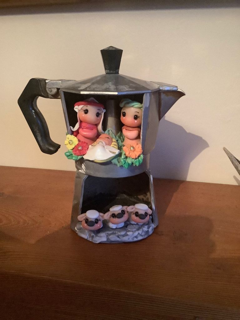 Unique Coffee Pot Scene Figurine – Hand-Decorated