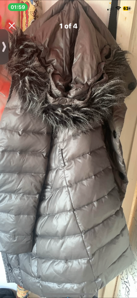 Grey Polyester Puffer Coat - Faux Fur Hood, Size 14