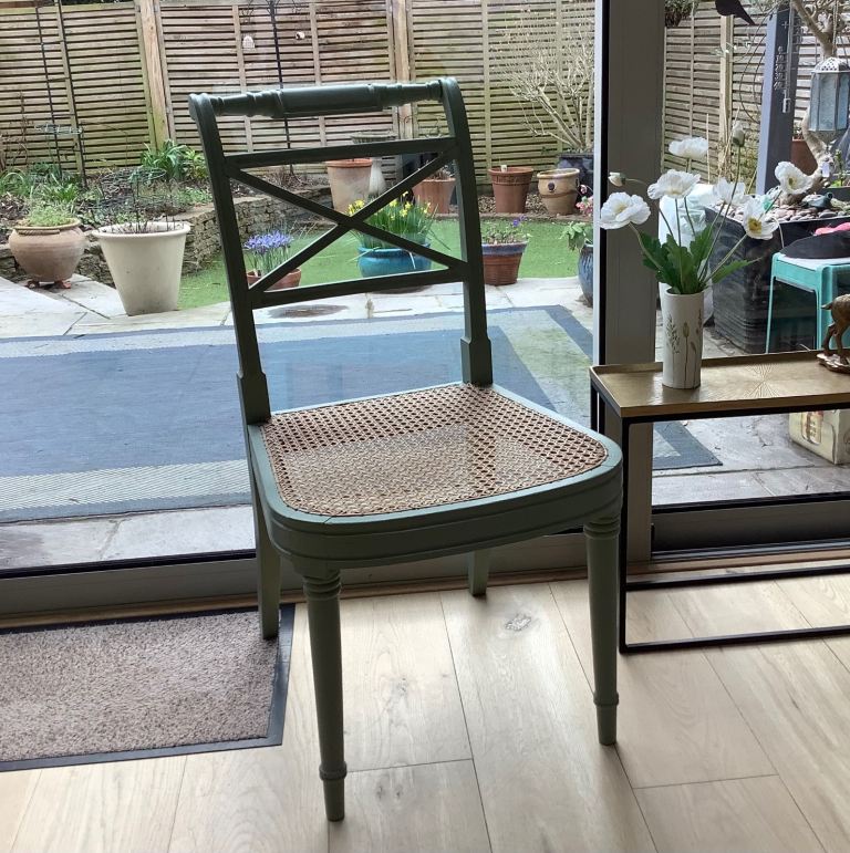 REGENCY CHAIR GIVEN SOME T.L.C. PAINTED IN F&B ARSENIC GREEN .