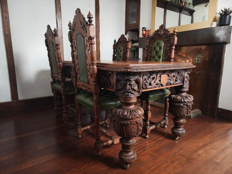 Antique Wooden Dining Table & 6 Chairs