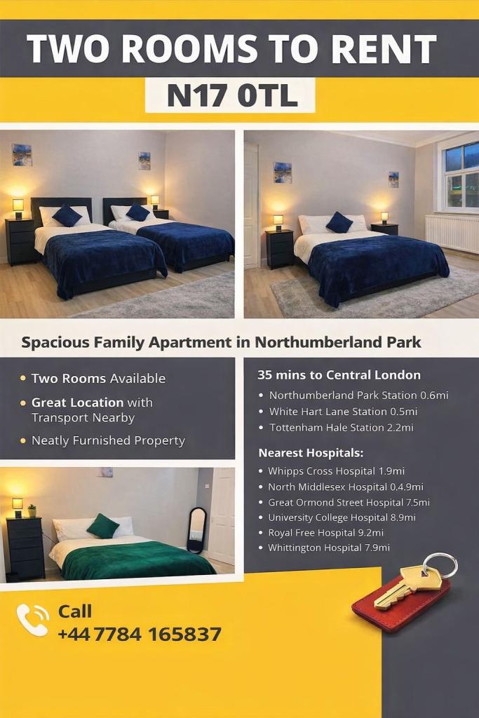 Bright Furnished Room – Near Tottenham Stadium & Hospitals – N17