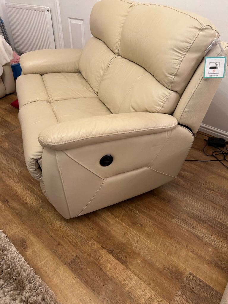 DFS cream 2seater leather power recliner sofa