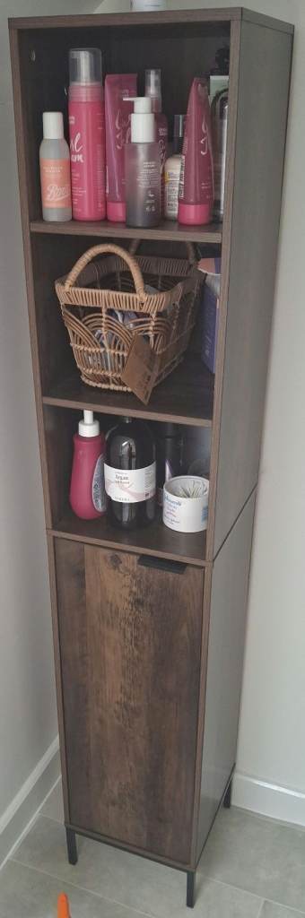 Brown Bathroom Storage Unit with Shelves and Cupboard