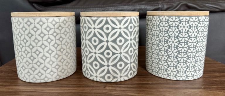 Set of 3 Geo Embossed Ceramic Storage Canister Jars for Ease of Kitchen & Gifts