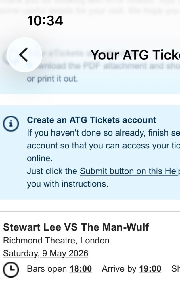 1 ticket to Stewart Lee vs Man Wolf gig 9th May Richmond Theatre - face value