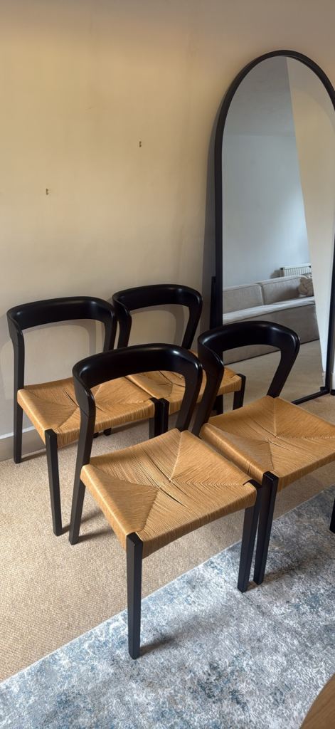 4 dining chairs/ scandi style/ black wood and cord seat/ 6 months old