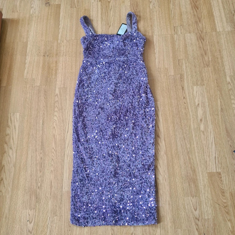 Miss Ord Purple Heavy Sequin Square Neck Cocktail Party Dress UK 12 New