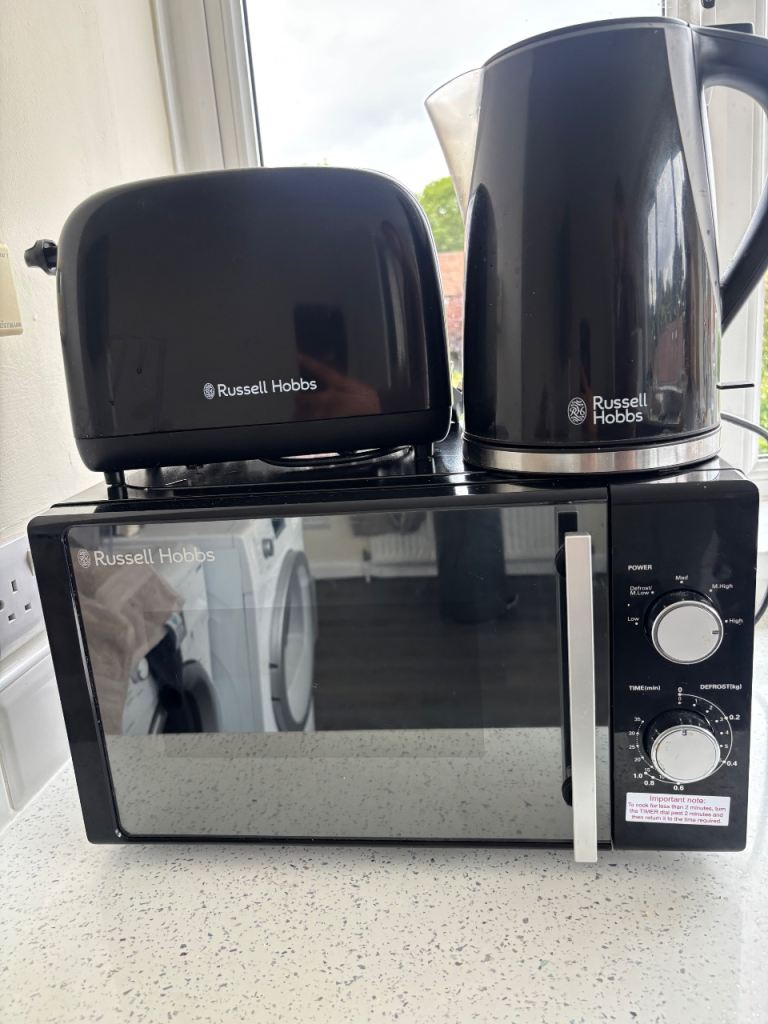 Russell Hobbs Black Kitchen Appliances Set: Microwave, Toaster, Kettle