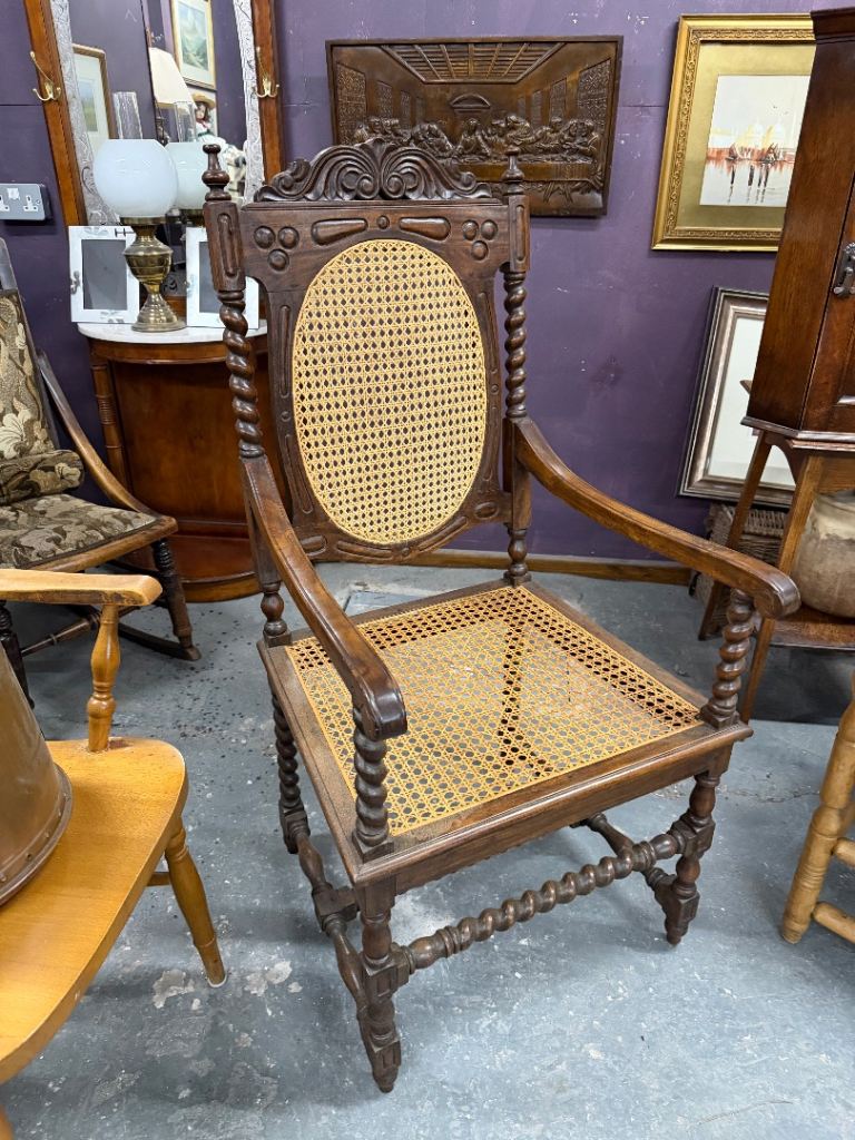 Antique Carved Oak Cane Back Armchair – Barley Twist Legs
