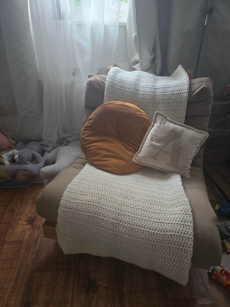 Comfortable Futon Sofa Bed – Good Condition, Beige Fabric