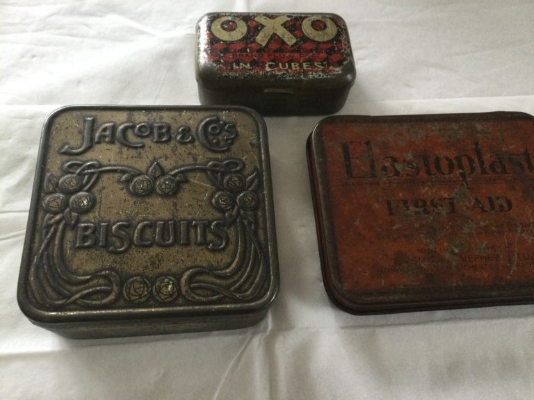 Vintage metal miniature boxes:  OXO in Cubes, Jacob & Co’s biscuits, Elastoplast First Aid