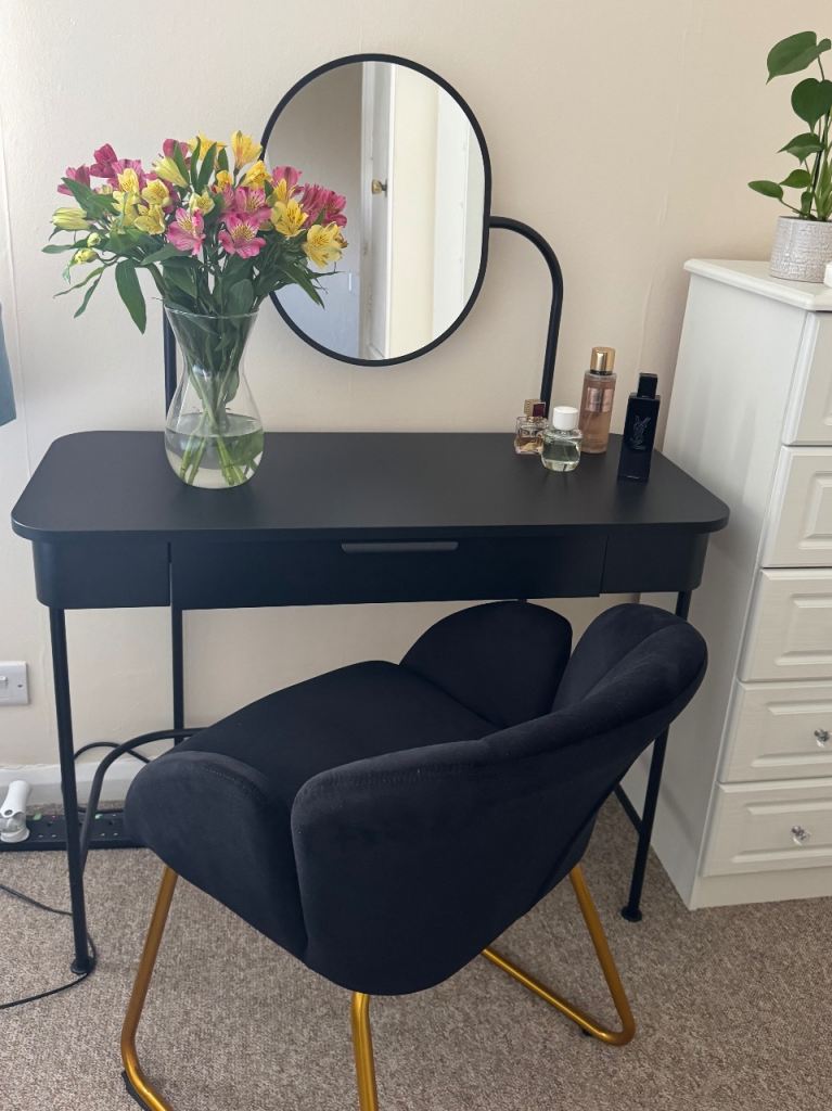 Ikea Black Dressing Table with Mirror & Matching Chair