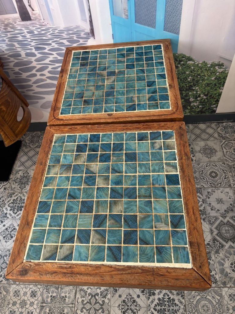 6 Handmade Solid Wood Mosaic Café Tables & 11 Solid Wood Chairs – Commercial Restaurant Furniture