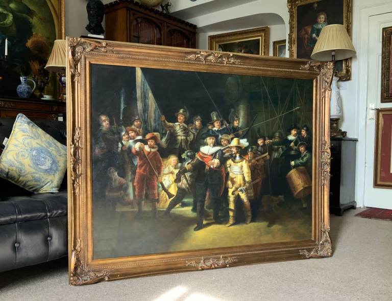 Large Mixed Media Painting 17th-Century Dutch Style After Rembrandt Gilt Frame