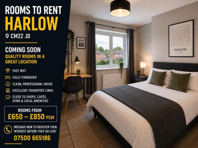 ROOMS TO RENT – HARLOW – COMING SOON 🔥
