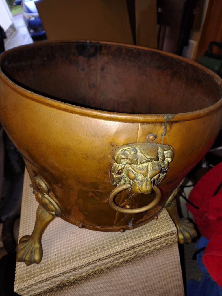 image for Large Copper & Brass-Lion Head Jardiniere, Coal bin, Planter