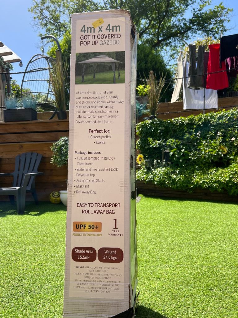 Brand new in box pop up gazebo. 4x4 metres square. It’s a big one. 
