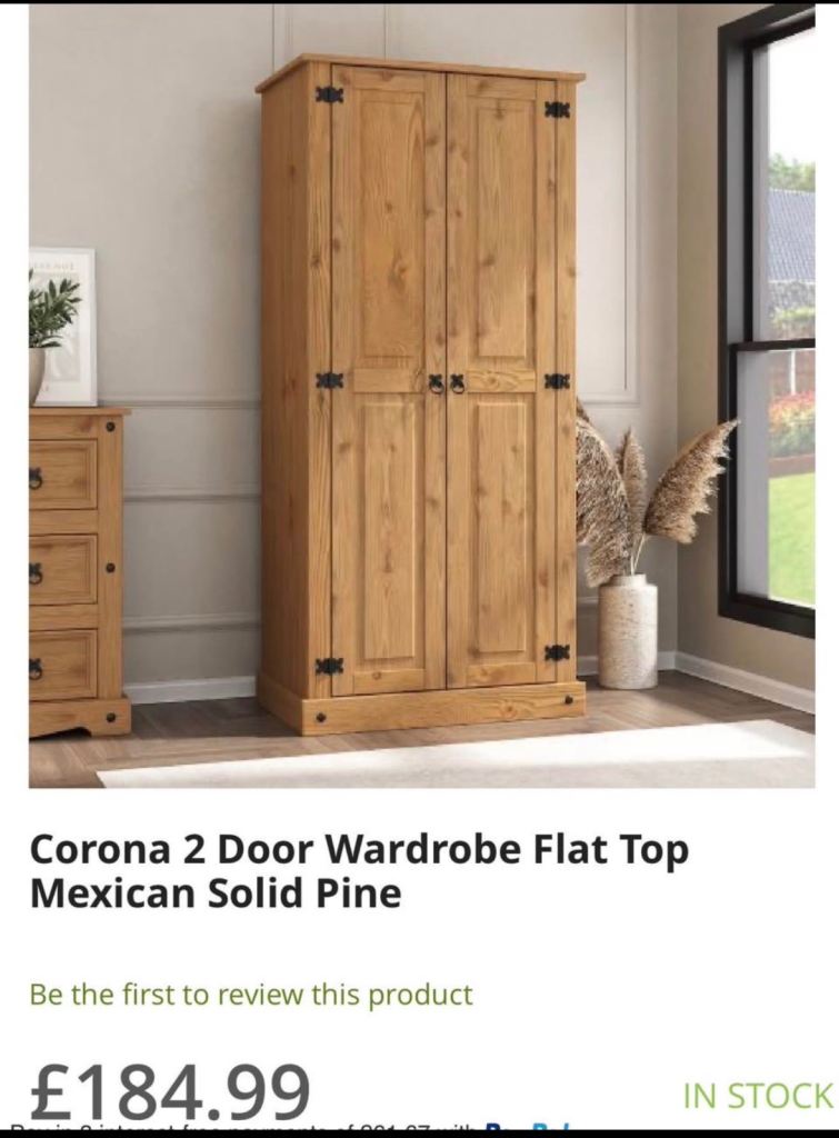 Corona 2 Door Wardrobe Flat Top – Solid Pine