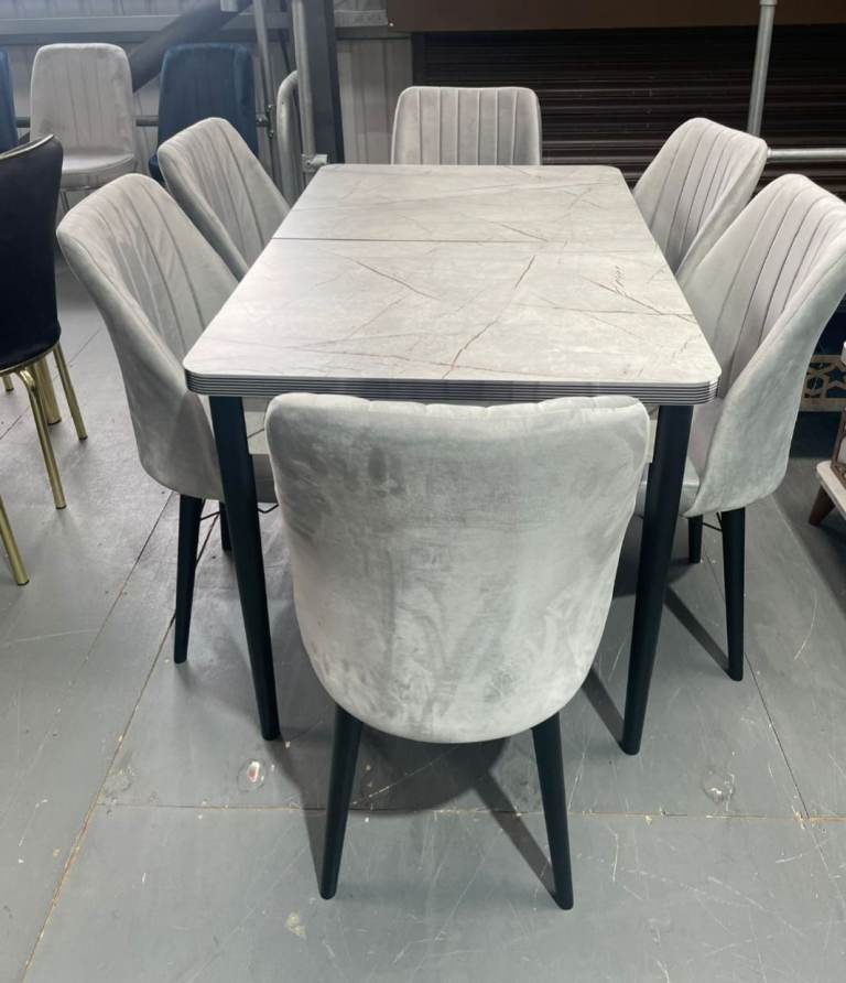 Luxury Grey Marble Dining Table Set with 6 Velvet Chairs