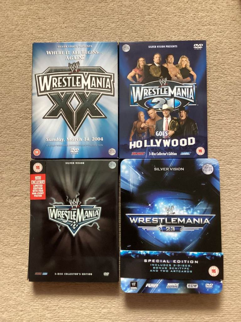 Lot of 4 WWE WRESTLEMANIA DVD Box Sets wrestling, silver vision, undertaker, divas, batista, cena