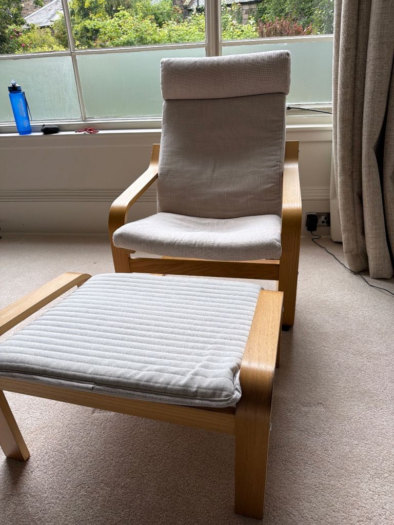 IKEA Comfortable Wooden Armchair and Footstool with Beige Cushions