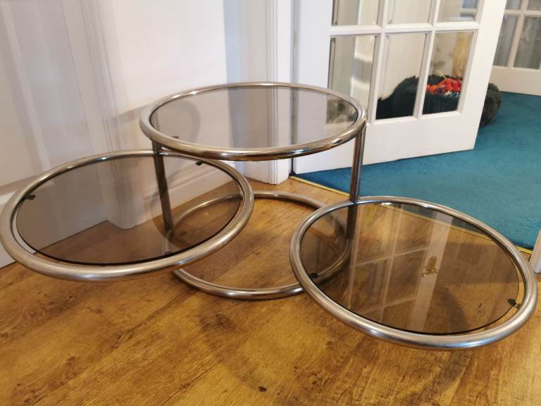 70s Vintage Retro Smoked Glass and Chrome expandable coffee table