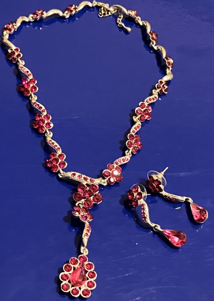Ladies Jewellery Pink Cubic Zirconia Necklace & Earrings Set.