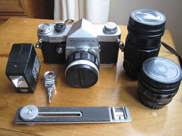 Yashica Reflex 35 J vintage 35mm SLR camera Hanimar lenses, Sunpak fash UN mechanical timer
