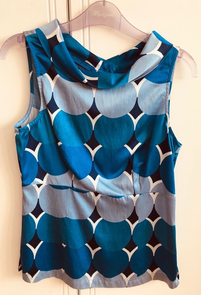 Monsoon Blue Cowl Neck Sleeveless Silk-Rich top, Size 8 UK 