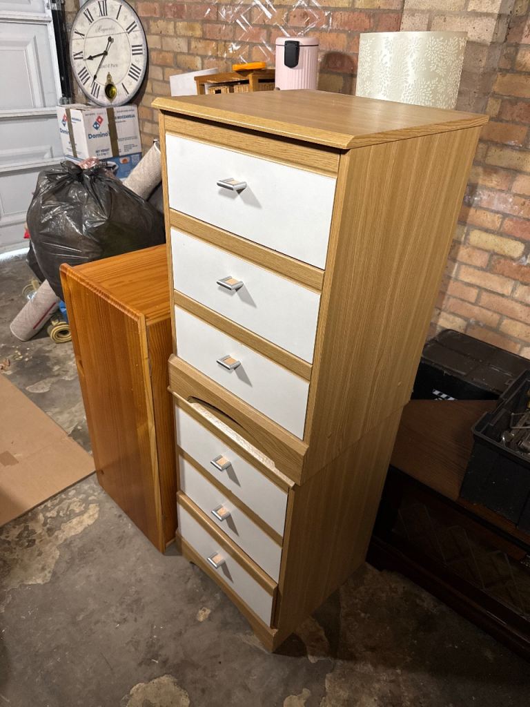 Wooden Bedside Cabinets with White Drawers – Good Condition