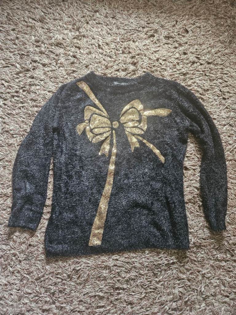 Bonmarche Black Jumper with Gold Sequin Bow - Size 14