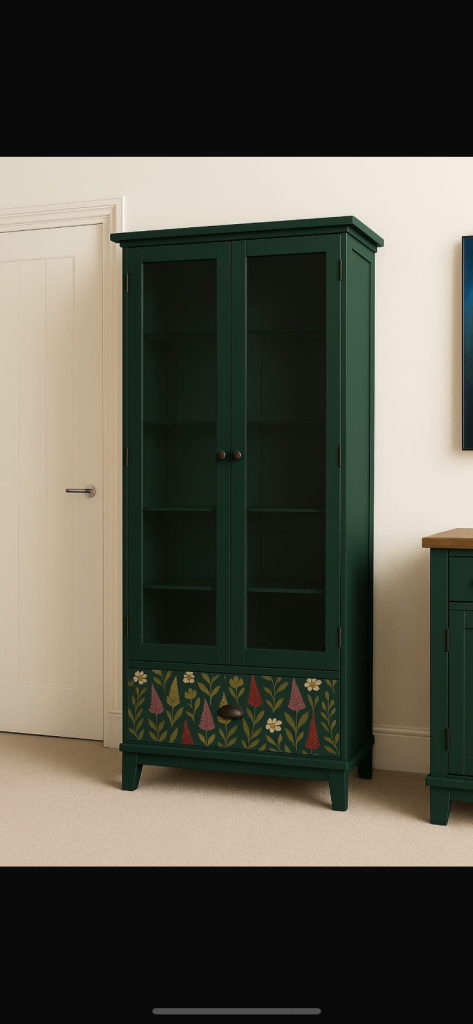 Refurbished Glass Display Cabinet – Deep Green with Handcrafted Floral Detailing