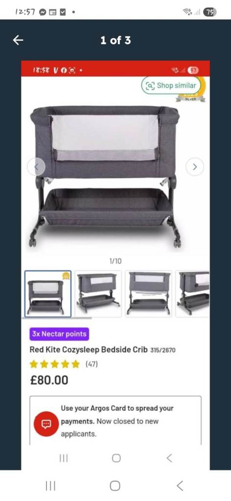 Red Kite Cozysleep Bedside Crib – Grey, As New