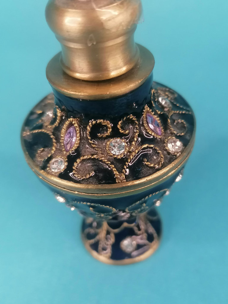 4-inch Vintage Enamel Glass and Crystals Perfume Scent Dressing Table Bottle.