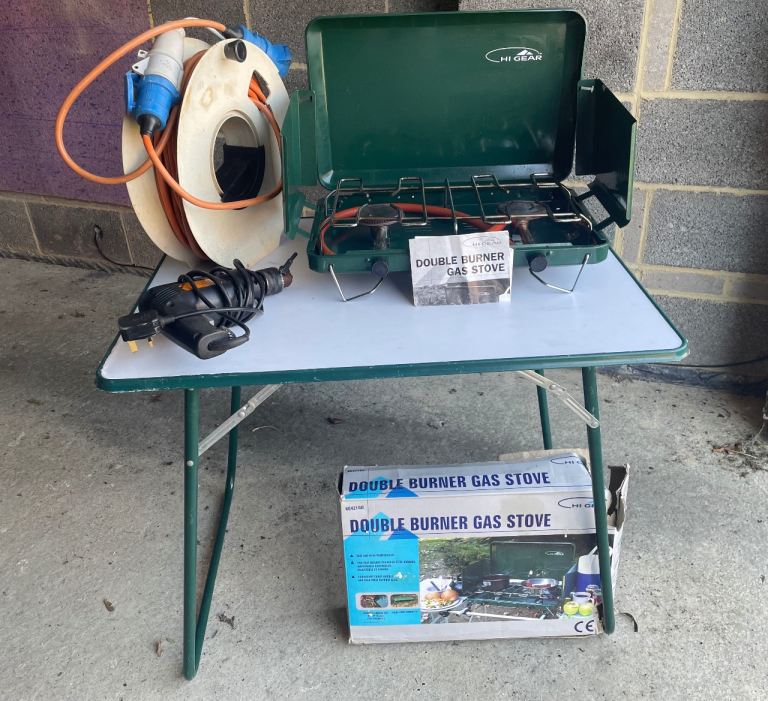 Double burner gas stove, 25m heavy duty cable , camping table and electric drill 