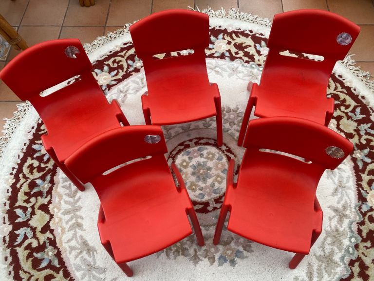 Five Red Plastic Kids Chairs – Good Condition