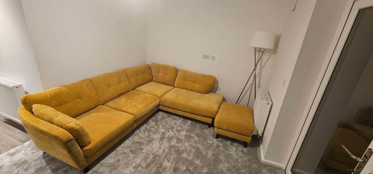 Large Yellow Corner Sofa with Footstool – Good Condition
