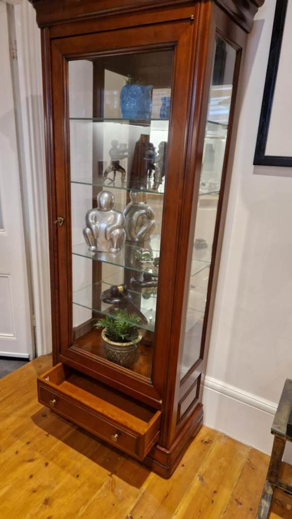 Stunning glazed shelved Ernest Menard display cabinet with drawer 