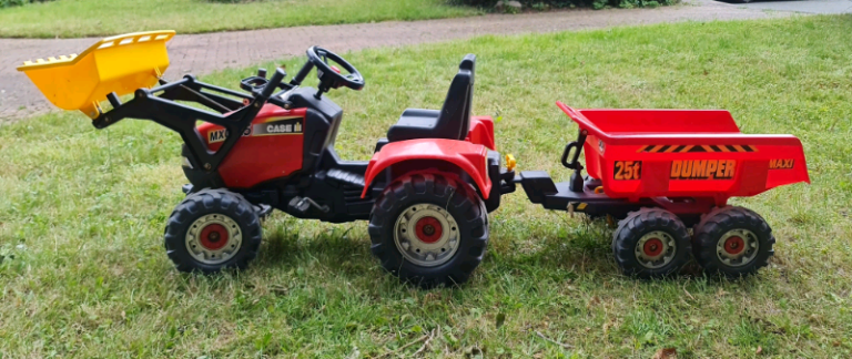 Outdoor garden toy - Large size pedal tractor with front loader & trailer