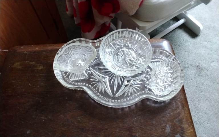 Vintage pressed glass relish patterned dish and 3 dishes.
