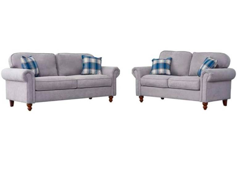 Set Of 2,3 Seater Sofa Couch Settee Fabric Sofa Living Room Sofa with Retro Design (Light Grey)