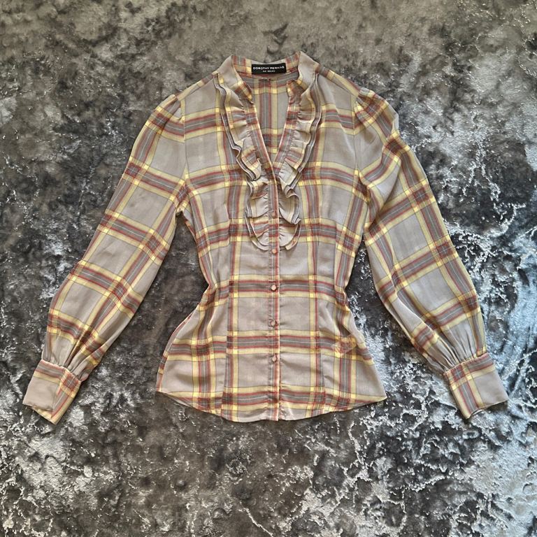 Vintage Y2K plaid blouse with ruffle detail puff shoulder 