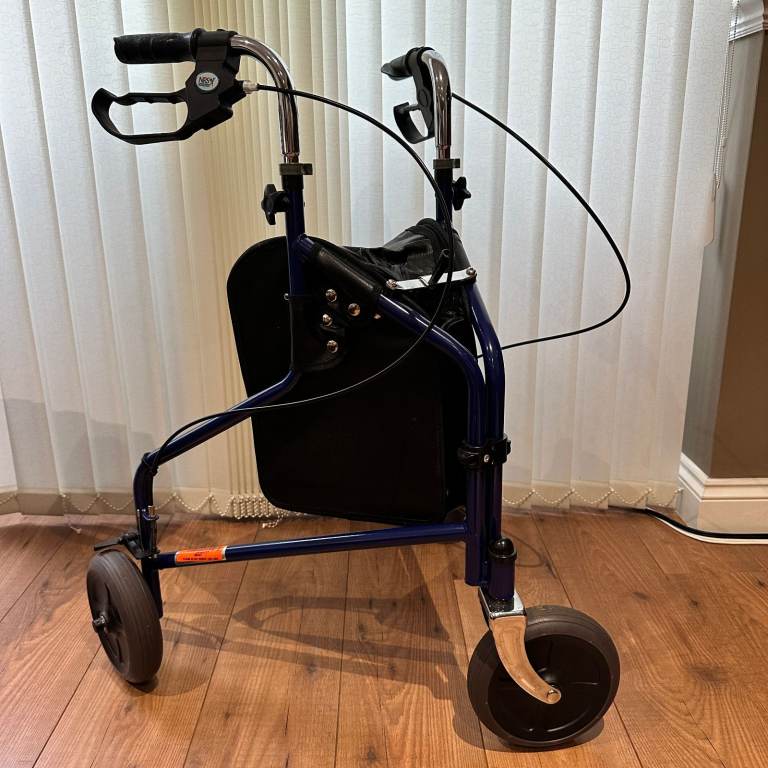 NRS Healthcare 3 Wheel Blue Steel Rollator Walker Walking Aid with Brake Bag
